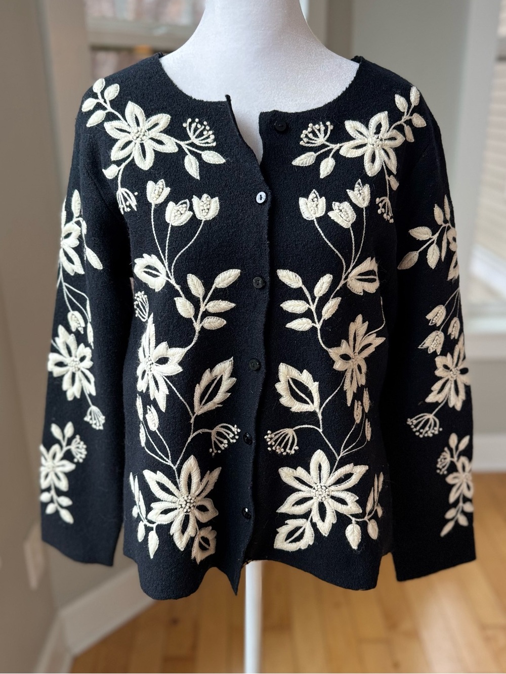 Vintage Marisa Christina Black Wool Cardigan Sweater Ivory Floral Embroidery S